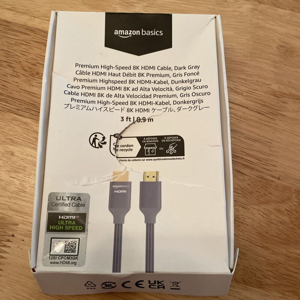 Amazon Basics Ultra High-Speed 8K HDMI Cable 3ft Gray Braided Cable audio/video